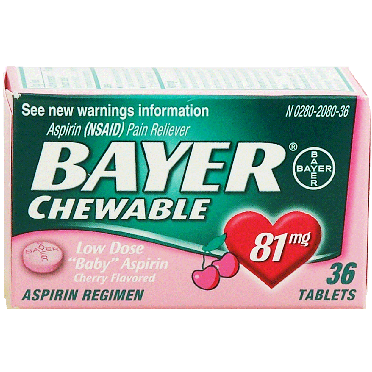 Bayer pain reliever, low dose baby aspirin, cherry flavored, 81 m36ct
