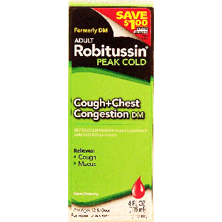 Robitussin Peak Cold DM: cough + chest congestion, non-drowsy 4fl oz