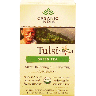 green tea, holy basil, stress-relieving & energizing, contains caffeine, 18-infusion bags
