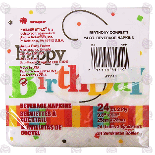 Unique Premier Stylz 2-ply beverage napkins, birthday confetti  24ct