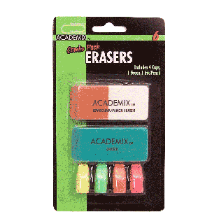 Academix  combo pack erasers, includes 4 caps, 1 green, 1 ink/penci6ct