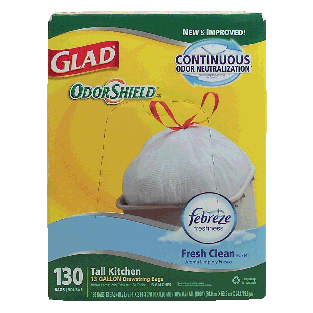 Glad Odor Sheild tall kitchen, 13 gallon drawstring bags with feb130ct