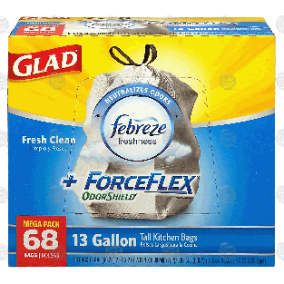 Glad ForceFlex 13 gallon tall kitchen bags with febreze freshness, 68ct