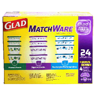 Glad Match Ware containers, 4 rounds, 4 squares, 4 rectangles with24ct