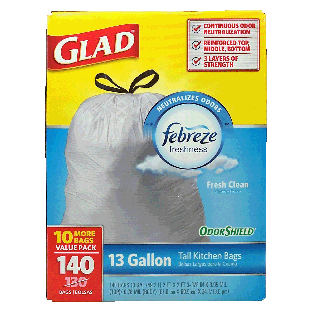 Glad febreze freshness tall drawstring kitchen bags, 13-gallon si140ct