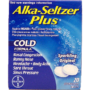 Alka Seltzer Plus cold formula, sparkling original, effervescent t 20ct