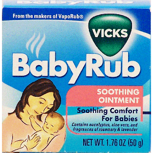 Vicks Babyrub comforts babies, contains eucalyptus, aloe vera, a1.76oz