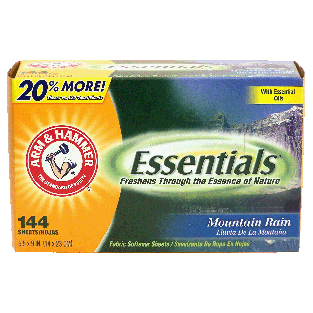 Arm & Hammer Essentials fabric softener sheets, mountain rain sce 144ct