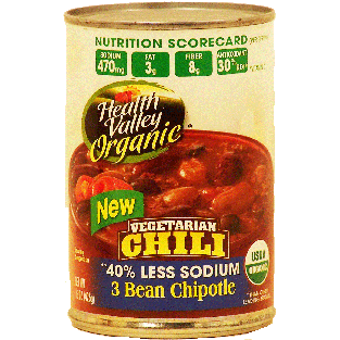 Health Valley Organic vegetarian chili, 3 bean chipotle, 40% less 15oz