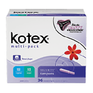 Kotex Security 18 regular, 18 super absorbency plastic applicator 36ct