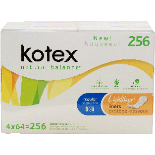 Kotex natural balance pantiliners, regular unscented, 4-packs of 256ct