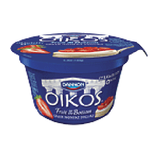 Dannon Oikos non-fat greek yogurt, strawberry, fruit on the botto5.3oz