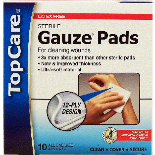 Top Care  gauze pads for cleaning wounds, sterile, latex free, 4 x10ct