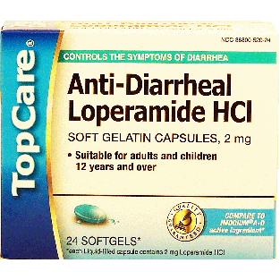 Top Care  anit-diarrheal loperamide HCI 2-mg. soft gelatin capsule24ct
