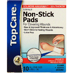 Top Care  non-stick pads for covering wounds, all one size, 3 x 4-10ct