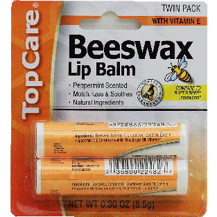 Top Care  beeswax lip balm, peppermint scented 2ct