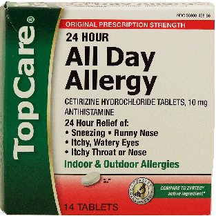 Top Care  all day allergy, cetirizine hydrochloride 10-mg., tablet14ct