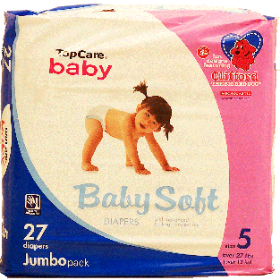 Top Care Baby diapers, size 5, over 27 lbs 27ct