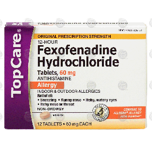 Top Care  12 hour allergy medicine, 60 mg fexofenadine hydrochlori 12ct