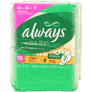 Always  ultra thin overnight maxi pads, 2 38-count packs 76ct