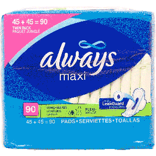 Always  Maxi pads, long, super; 2 45-count packs 90ct