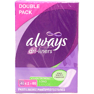 Always Dri-liners long pantiliners, unscented, double pack 80ct