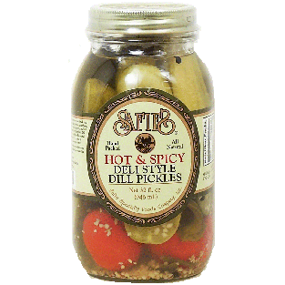 Safies  hot & spicy deli style dill pickles, hand packed 32fl oz