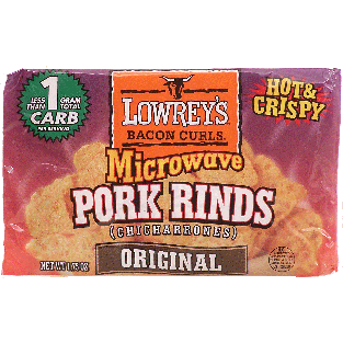 Lowrey's  microwave pork rinds, bacon curls, hot & crispy, hot &1.75oz