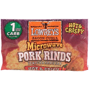 Lowrey's  microwave pork rinds, bacon curls, hot & crispy, hot &1.75oz