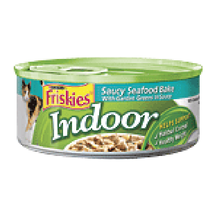 Friskies Selects Indoors; wet cat food saucy seafood bake with ri5.5oz