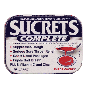 Sucrets Complete oral anesthetic, cough suppressant, vapor cherry,18ct