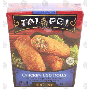 Tai Pei  chicken egg rolls; chicken and vegetables in a crispy wra9-oz