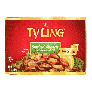 Ty Ling Imported smoked mussles in cottonseed oil, salt added  3.66oz