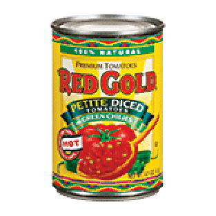 Red Gold Tomatoes Petite Diced Hot w/Green Chilies English Label 14.5oz