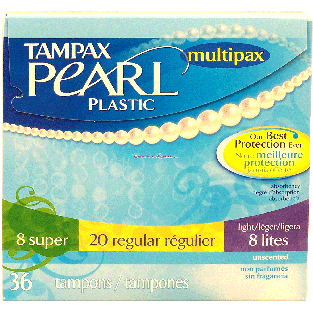 Tampax Pearl plastic tampons, 8 super, 20 regular, 8 lite absorben 36ct