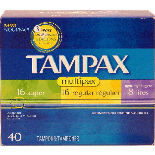Tampax Multipax 16 super, 16 regular, 8 lite absorbency tampons, a 40ct