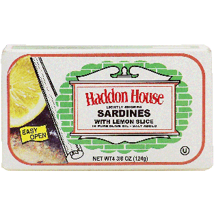 Haddon House  lightly smoked sardines with lemon slice in pure 4.375oz