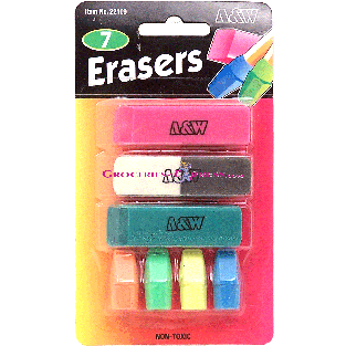 A & W  3 block erasers and 4 pencil cap erasers 7ct
