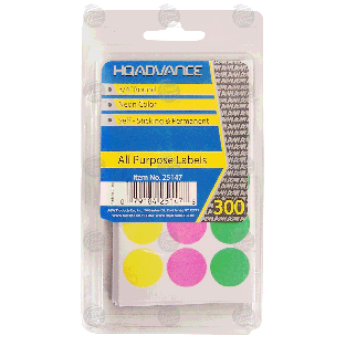 HQ Advance  all purpose labels, 3/4in round, neon color, self-sti 300ct