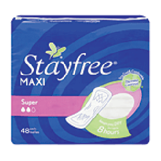 Stayfree  maxi pads, anti-leak channels, super 48ct