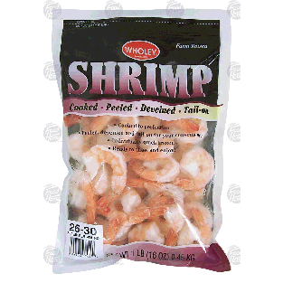 Wholey  farm raised shrimp, cooked, peeled, deveined and tail-on, 21lb