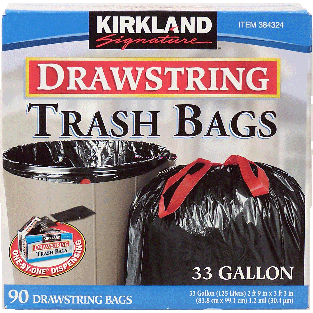 Kirkland Signature  drawstring trash bags, 33 gallon, 2-ft 9-in, 390ct