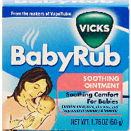 Vicks Babyrub comforts babies, contains eucalyptus, aloe vera, a1.76oz
