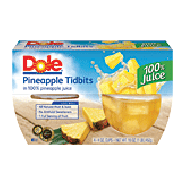 Dole Fruit Bowls Pineapple Tidbits In 100% Pineapple Juice 4 Oz Cup4pk