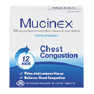 Mucinex  relieves chest congestion, thins and loosens mucus, guaif20ct