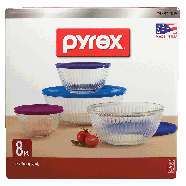 Pyrex  glass mixing bowls with lids, 4-sizes 8ct