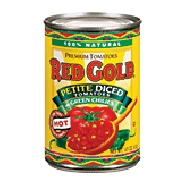Red Gold Tomatoes Petite Diced Hot w/Green Chilies English Label 14.5oz