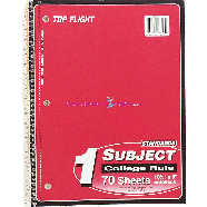 Top Flight  1 subject college rule notebook, 70 sheets, 10.5in x 8i1ct