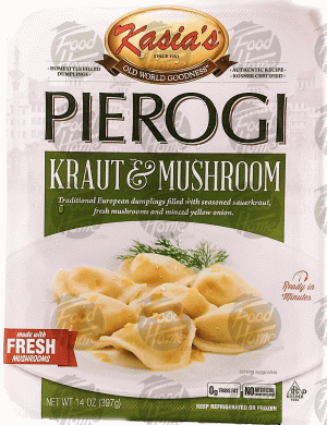 Kasia's kraut & mushroom pierogis, pre cooked, frozen container 14 ounce