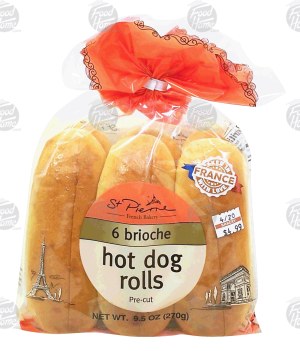 St. Pierre French Bakery hot dog rolls, pre-cut, brioche, 6-count 9.5 ounce